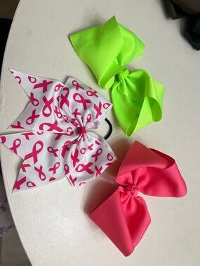 Kids Ribbon Hair Bows Set - Pink Ribbon, Neon Green, Hot Pink
